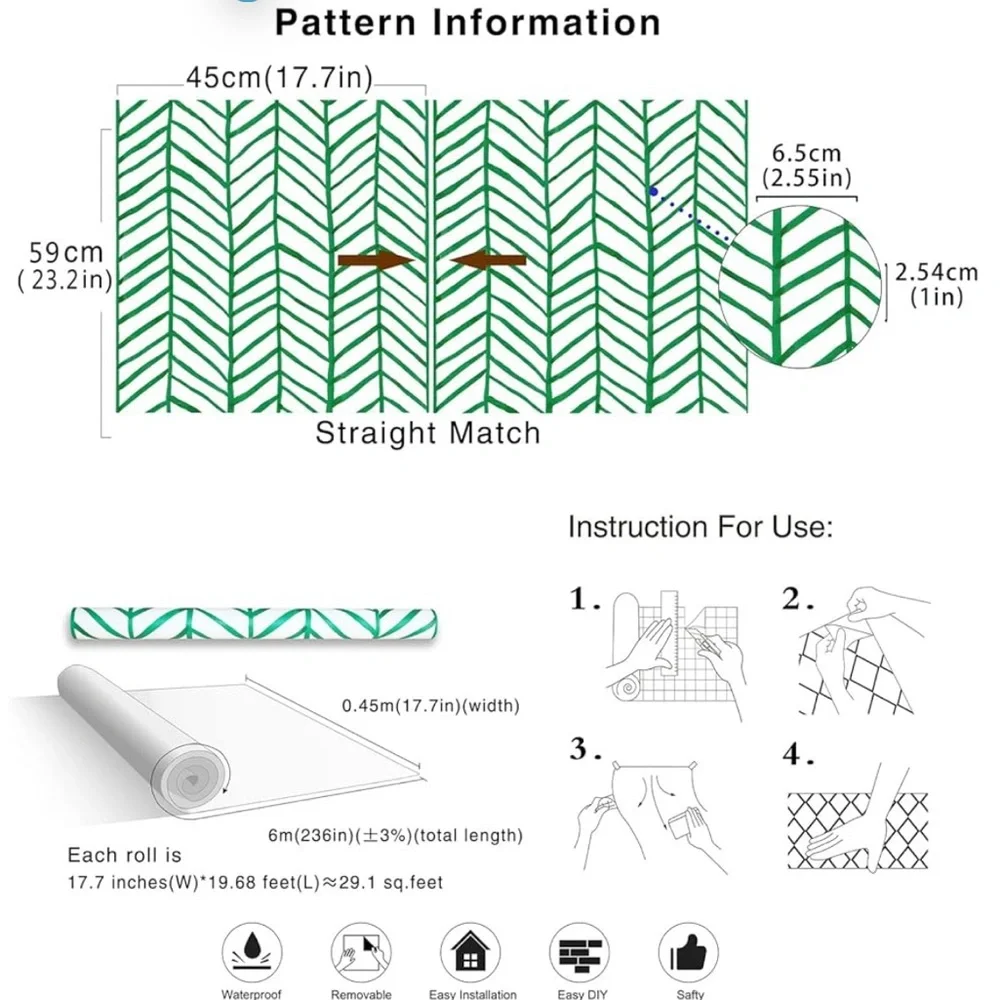 Hoak Home Peel & Stick Green White Vinyl Herringbone SelfAdhesive Wallpaper Boho